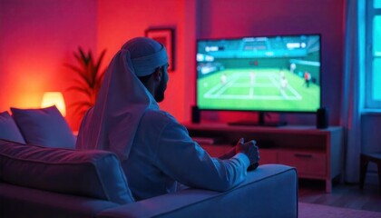 Man Watching Tennis Match on Tv in Living Room
