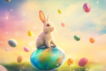 A magical Easter Bunny sitting on a glowing, iridescent egg, with bright, colorful Easter eggs floating all around it under a soft, pastel sky.