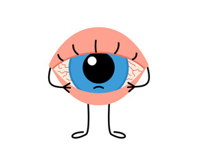 Redness of eye, cute character. Irritation, inflammation from overworked, allergy, dryness. Health eyesight. Vector cartoon illustration