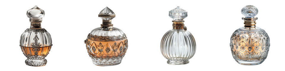 Elegant Collection of Timeless Vintage Glass Perfume Bottles with Intricate Designs and Old-Fashioned Appeal