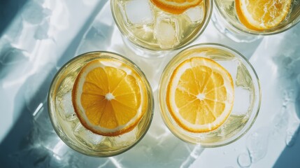 Refreshing citrus drinks with ice and orange slices on a bright surface, evoking summer vibes