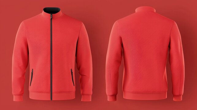 Red Men s Zipper Tracksuit Jacket Front and Back View Mockup Sportswear Apparel