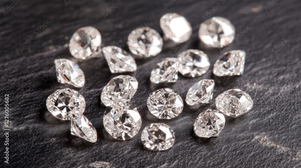 Poster a stunning array of loose diamonds scattered on a dark background, each reflecting light in unique p