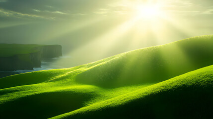 Abstract Landscape of Pixelated Green Hills by the Ocean Under a Bright Sunny Sky
