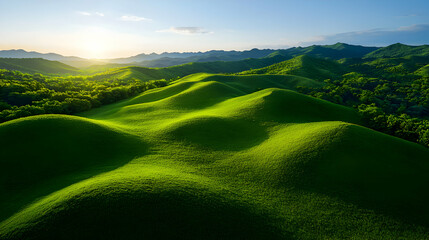 Abstract Landscape of Green Pixelated Hills at Sunset with Beautiful Sun Light and Blue Sky