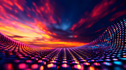 Abstract Landscape with Glowing Dots and Vibrant Sky at Sunset in Red Orange and Blue