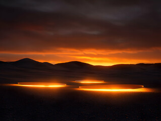 Abstract Landscape with Orange Sunset Glow and Pixelated Terrain Under a Dramatic Sky