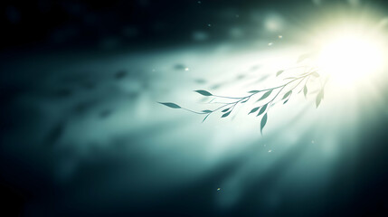 Abstract Light Rays Flare with Silhouetted Leafy Branch in Dark Blue Backdrop