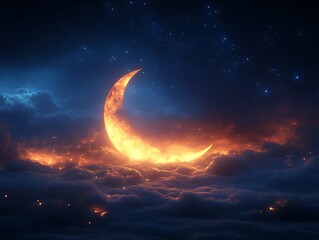 Fototapeta premium Fiery Crescent Moon Above a Sea of Clouds and Stars