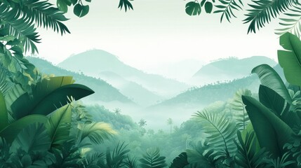 Misty jungle panorama with rolling hills covered in thick green foliage, symbolizing the untouched beauty of nature and environmental ecology.