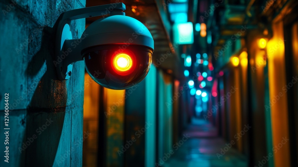 Poster a stunning shot of a high-tech cctv camera with infrared capabilities, set against a backdrop of a d