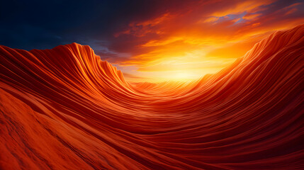 Abstract Orange Cubic Landscape with Dramatic Sunset Sky and Wavy Terrain