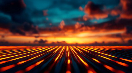 Abstract Orange Glowing Grid Under Dramatic Cloudy Twilight Sky Over the Sea