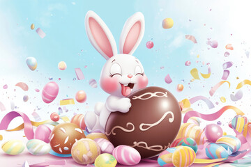 A cute cartoon-style Easter Bunny sitting atop a giant chocolate egg, licking its lips while surrounded by candy-coated Easter treats and pastel ribbons.