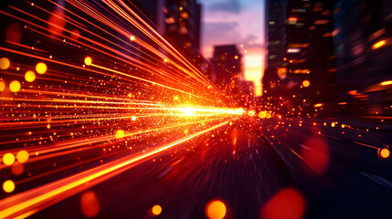 Abstract Orange Light Streaks Moving Through a Dark City at Night