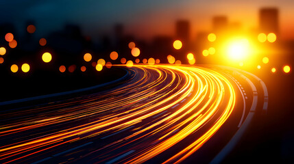 Abstract Orange Light Trails Through Futuristic City at Night with Blurred Background