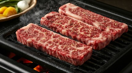 Fototapeta premium A tempting image of marbled steak cuts on a grill, sizzling and surrounded by smoke, capturing the deliciousness of cooking fresh meat