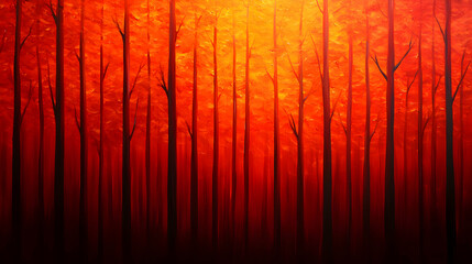 Abstract Orange Red Forest With Tall Trees In Dark Silhouette