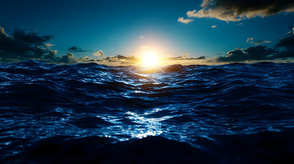 Abstract Pixelated Blue Ocean Surface Reflecting Golden Sunlight with Cloudy Sky