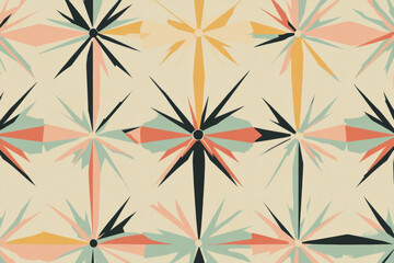 A mid-century geometric wallpaper pattern with retro pastel tones, starburst motifs, and atomic-era shapes.