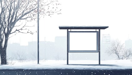 Winter Bus Stop Scene: Blank Billboard Awaits Advertisement in Snowy Landscape with Trees