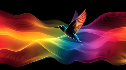 Fototapeta premium Hummingbird soaring through vibrant rainbow waves; abstract art for design