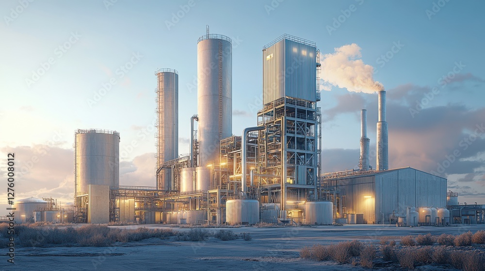 Poster a large industrial facility with tall structures and smokestacks, illuminated in the evening light, 