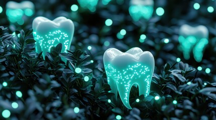 Glowing tooth installation in fantasy garden digital art vibrant enchanted environment close-up view dental care concept