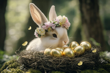 A fantasy-style Easter Bunny wearing an elegant flower crown, gently placing golden Easter eggs inside a shimmering nest made of soft moss.