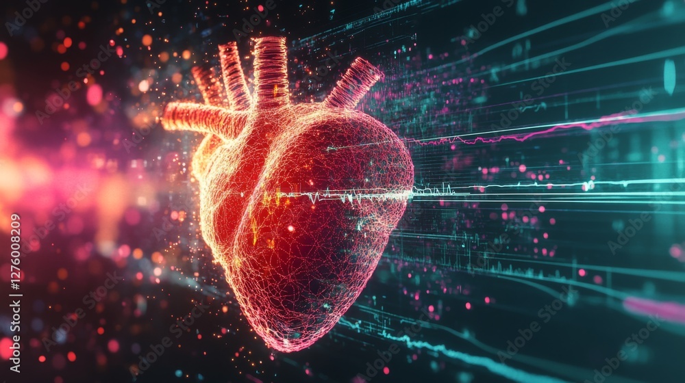 Poster a vibrant heart wave chart displayed on a digital interface, with pulsing animations that capture th