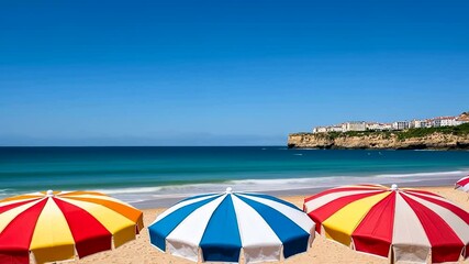 Colorful beach umbrellas on sandy shore, summer vacation relaxation, tropical seaside coastal travel backdrop
