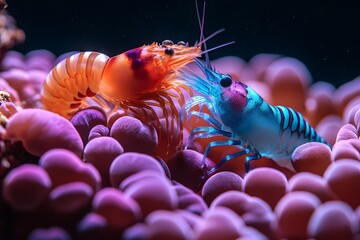 Underwater Harmony: Vibrant Shrimp Interaction in Coral Habitat for Ocean Exploration Themes