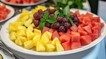 Refreshing fruit salad with watermelon, pineapple, and grapes arranged beautifully on a white plate with mint