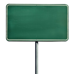 Blank green road sign on a post in an open area isolated on png transparent background, cut out