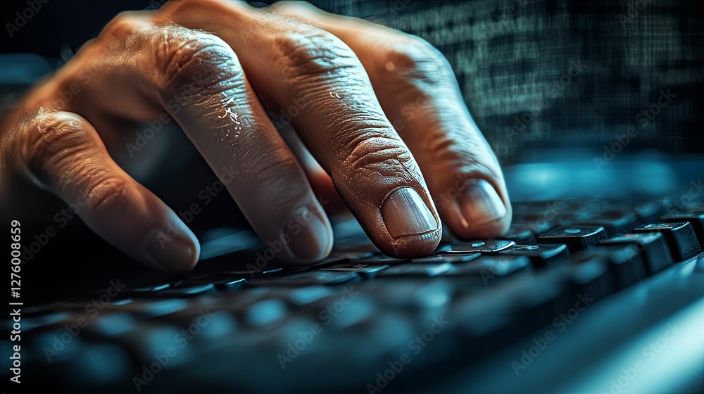 Poster a hand typing on a keyboard in low light