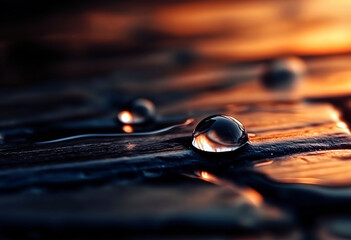 Fototapeta premium Water droplets reflecting golden sunset on wooden surface