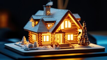 Illuminated Log Cabin Winter House Model Night Scene