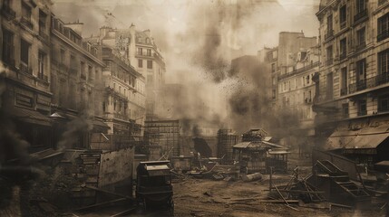 A sepia-toned photograph of a city street with debris and smoke, possibly from a bombing.