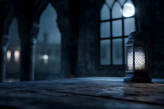 Ramadan Kareem greeting. Islamic crescent moon and lantern. End of fasting. ramadan decorations, Eid al-Fitr. Breaking of holy fast day. Muslim holiday. Arab night sky.	