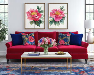 Vibrant living room with red sofa and floral decor