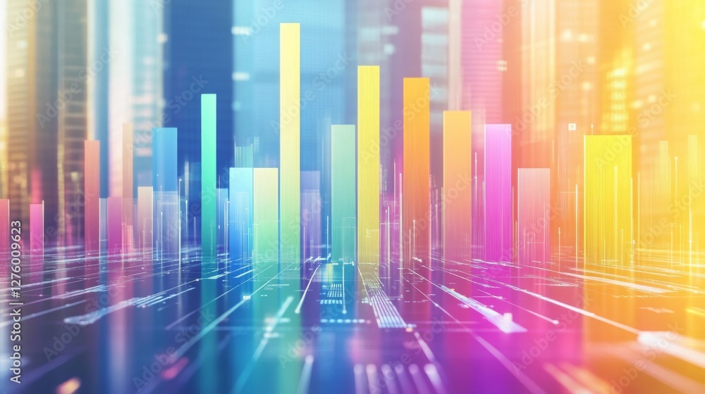 Poster bright gradient d bars rising from a digital floor with soft reflections, creating a futuristic data