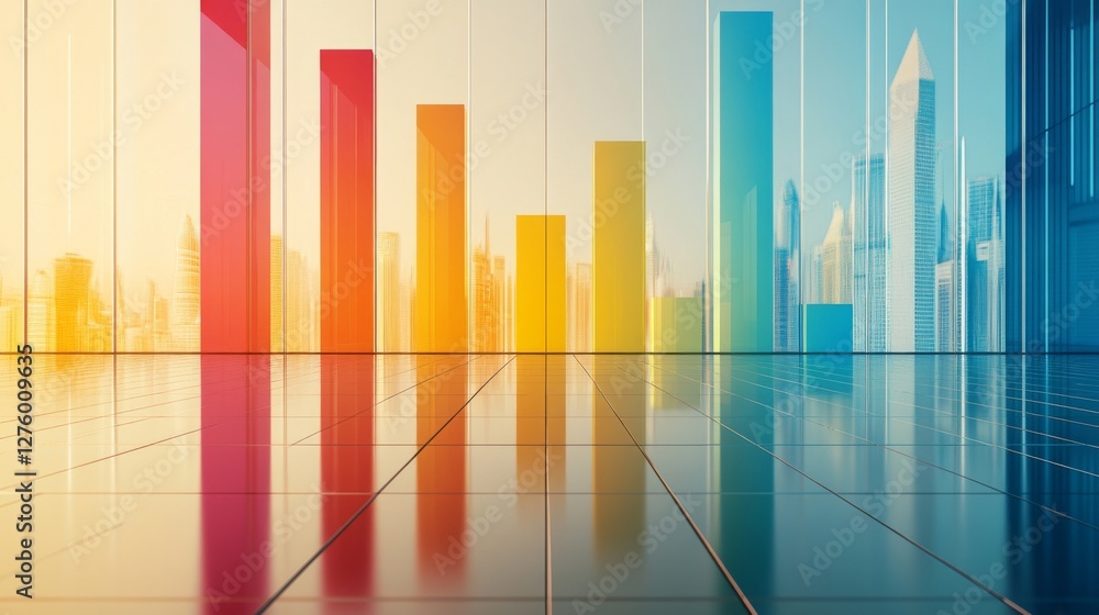 Poster bright gradient d bars rising from a digital floor with soft reflections, creating a futuristic data