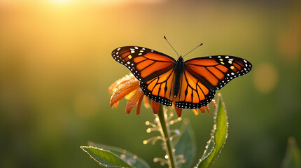 A vibrant monarch butterfly rests on a blooming flower, illuminated by golden sunlight. This stunning macro shot captures the beauty of pollination, nature, and the delicate balance of ecosystems.