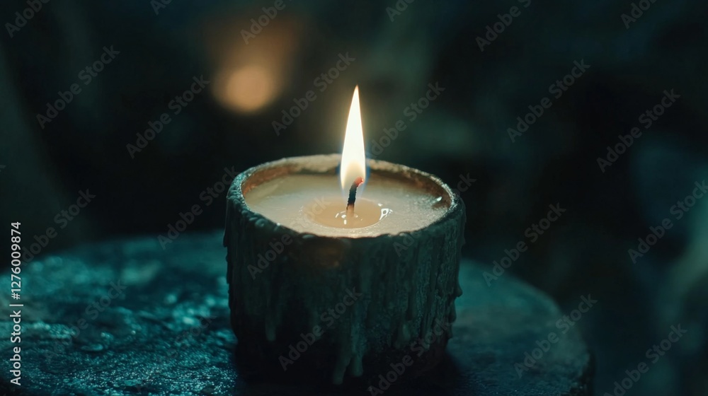 Aufkleber Close-up of a flickering candle flame in a dark room, casting soft shadows and creating a cozy ambiance, emphasizing the glow and warmth