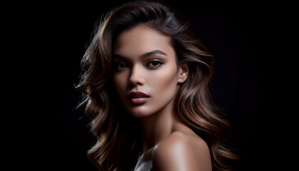Fototapeta premium Portrait of a sophisticated woman with wavy hair and intense gaze against a dark background
