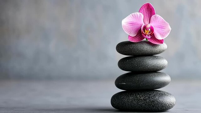 Balanced black spa stones with a pink orchid on top, zen relaxation, spa therapy, meditation concept
