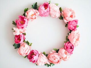 Pink and Coral Peony Wreath on White Background.