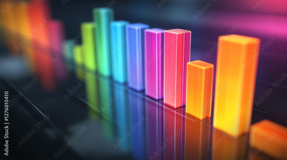 Poster colorful d bar graph with tall, transparent bars on a reflective surface, casting shadows and illumi