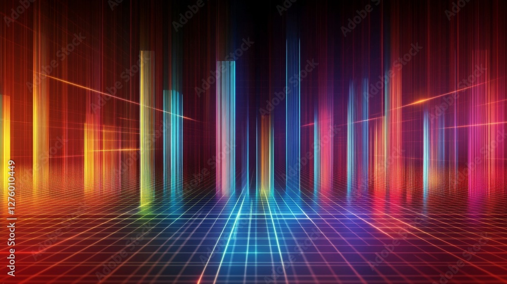 Poster colorful d bars rising from a digital grid floor, with subtle lighting and a gradient background to 