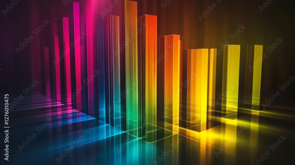 Poster colorful d bar graph with tall, transparent bars on a reflective surface, casting shadows and illumi